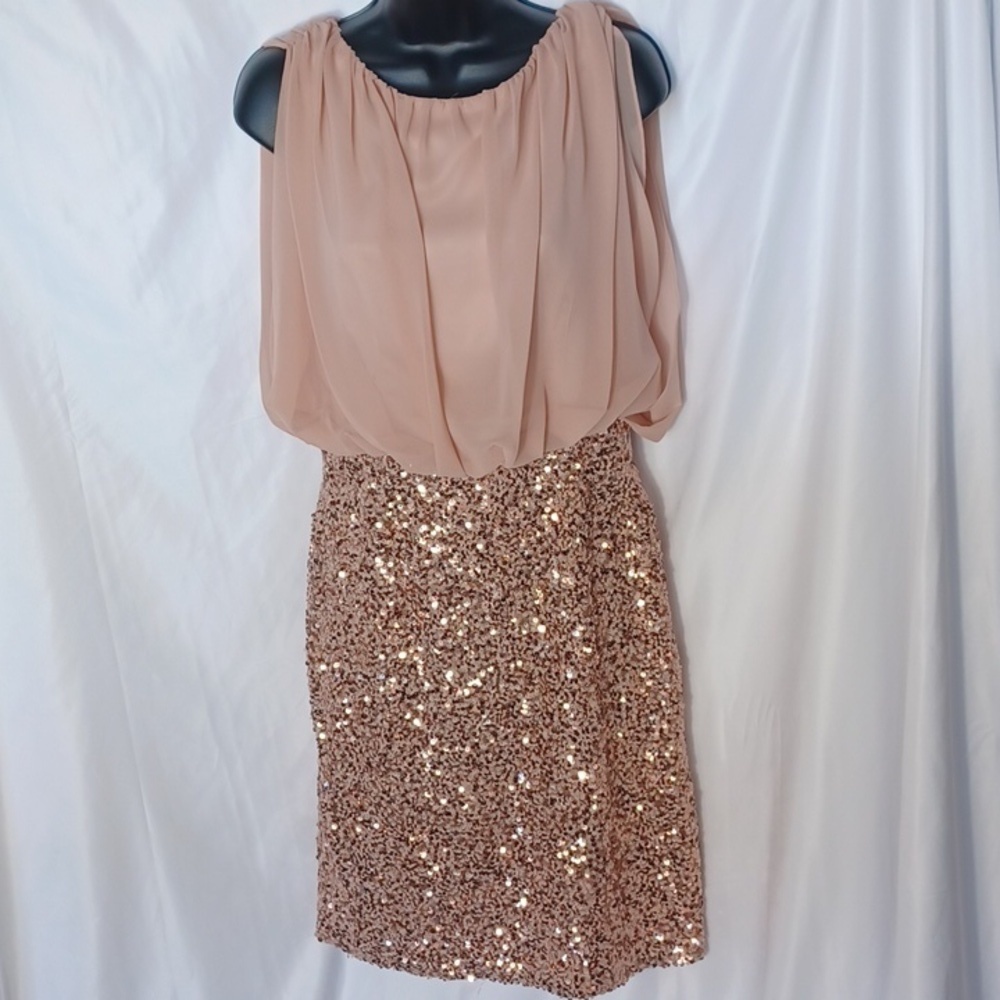 Suzi Chin for Maggy Boutique Champagne With Rast Gold Sequin Knee Length Dress